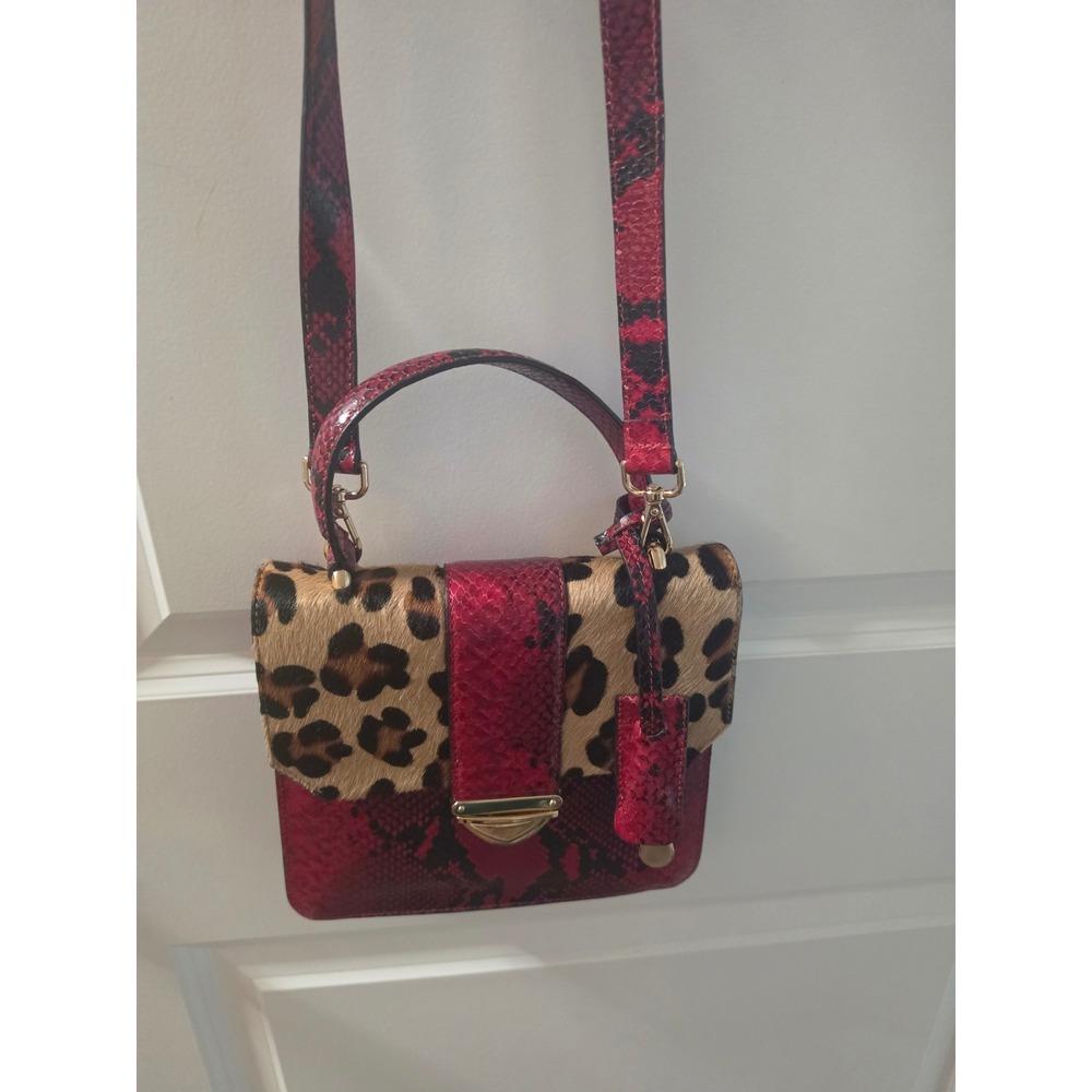 Red Snakeskin and Leopard Calf Hair Crossbody Satchel Bag with Gold Hardware - Picture 2 of 12